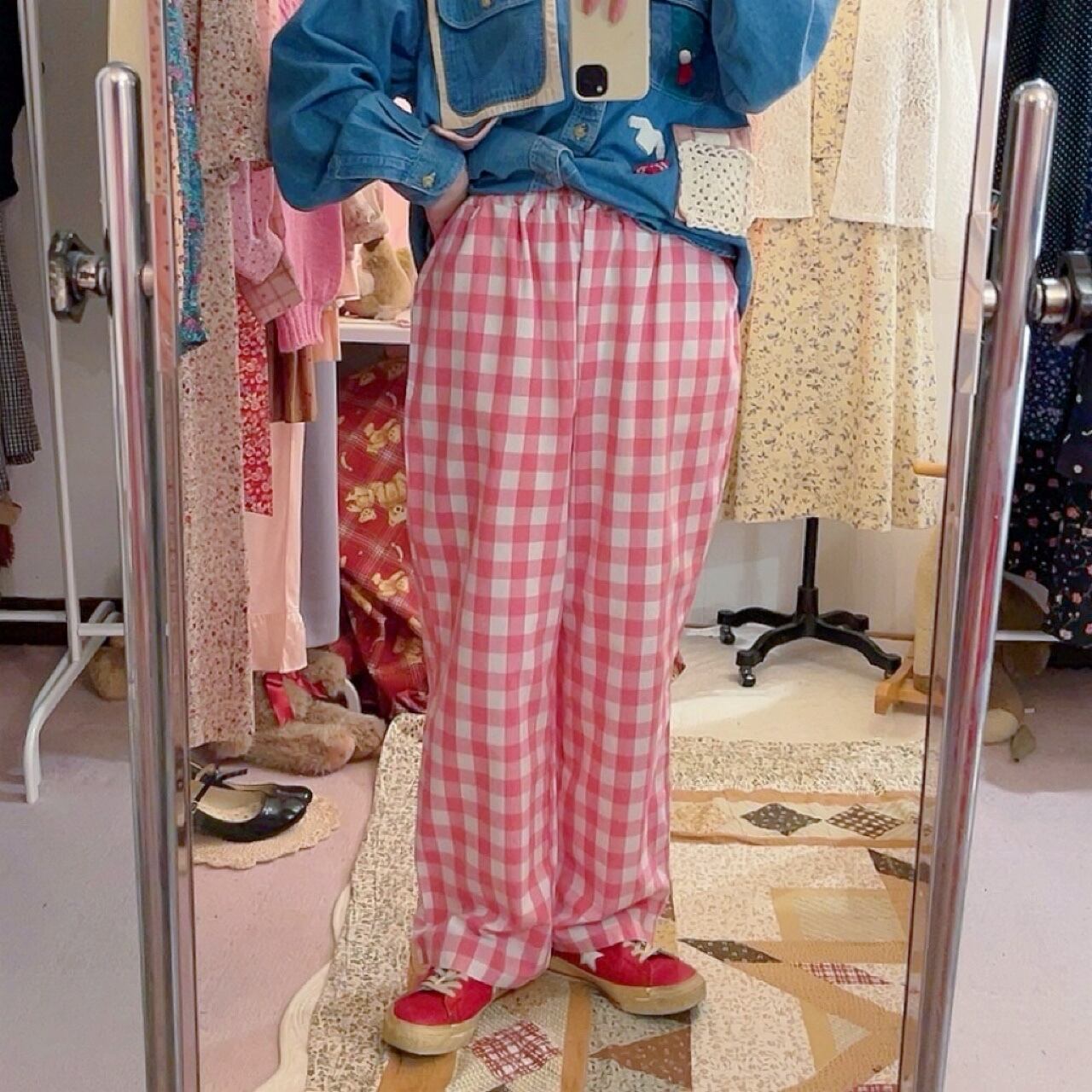 pink block check pants