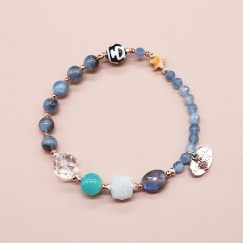 【Deep Sea Party】賽瓶天珠×アクアマリン×ブラックアクアマリン×アマゾナイト ブレスレット