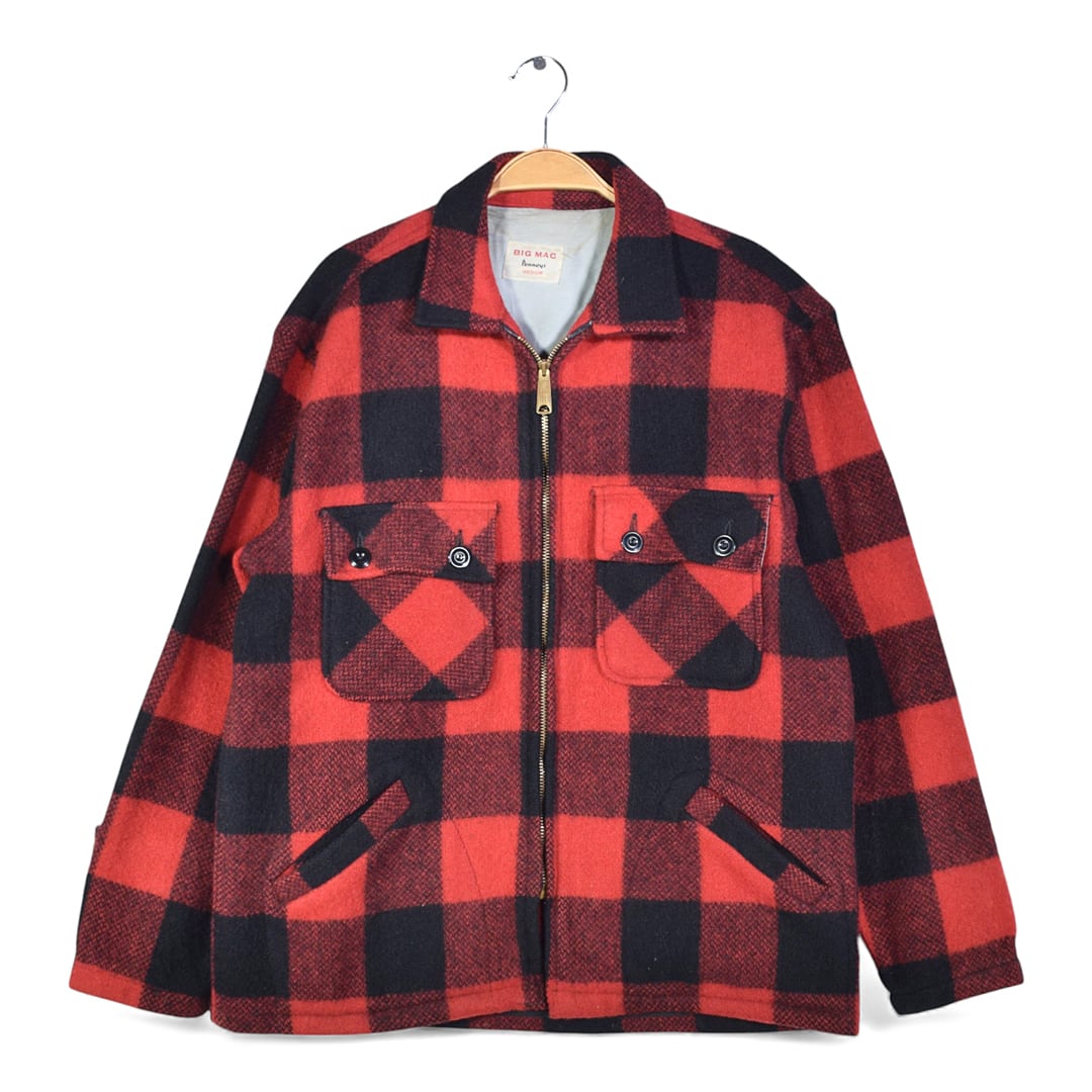60s ペニーズ ビッグマック ヴィンテージ スポーツジャケット ウールジャケット バッファローチェック 赤黒 サイズM 古着 DZ0768