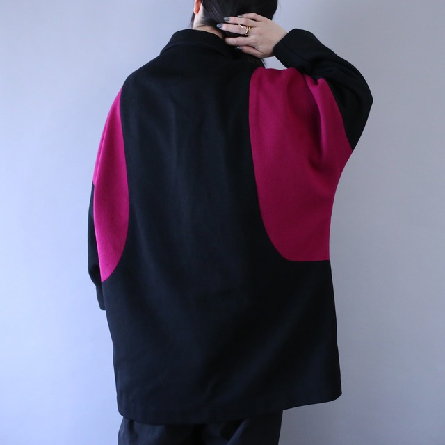 bi-color over silhouette dolman sleeve wool coat