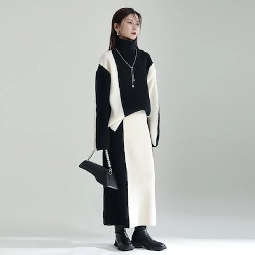 【J.Fashion】黒白 ドッキング 上下セット 春夏 「ニット＋スカート」ワンピースセット タートルネック ニットセットアップ ジャージ スウェット 卒業式 スーツセットアップ 人気なリブニット