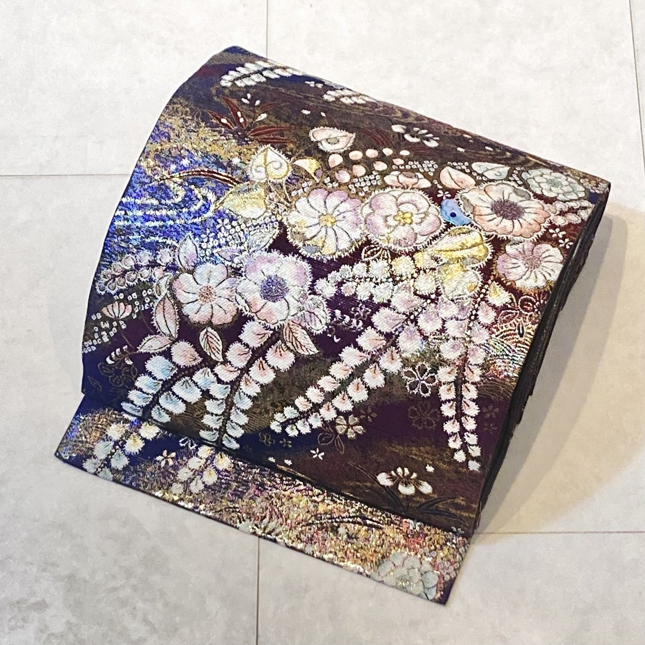 未使用 京友禅 雪輪 花柄 訪問着 袷 正絹 金彩 紫 淡藤色 オレンジ