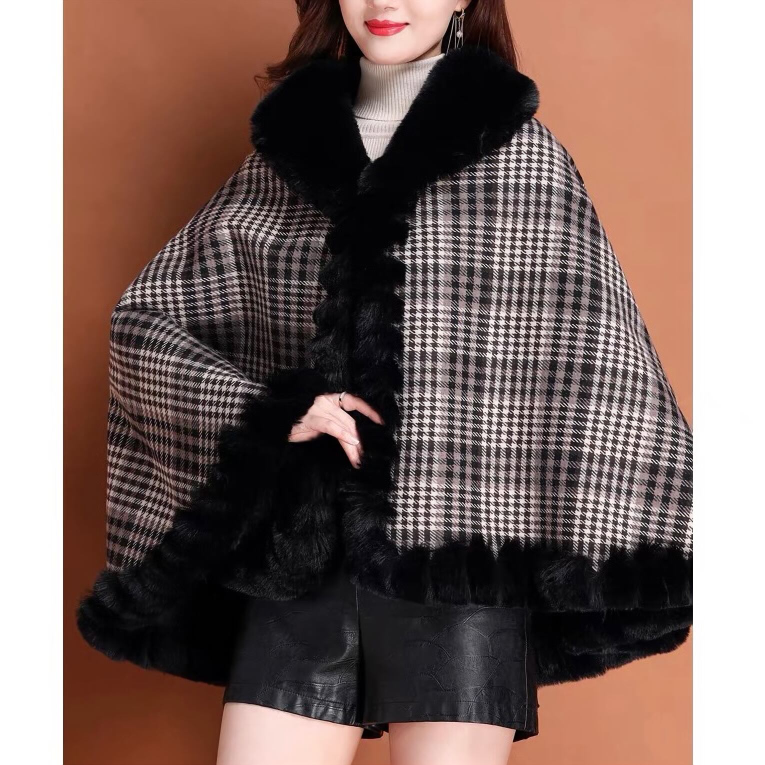 SALE！デザインワークス グレンチェックストール ファーポンチョ 