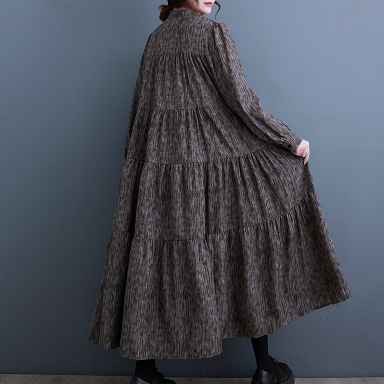 スタンドカラー Aライン マキシワンピース 00098