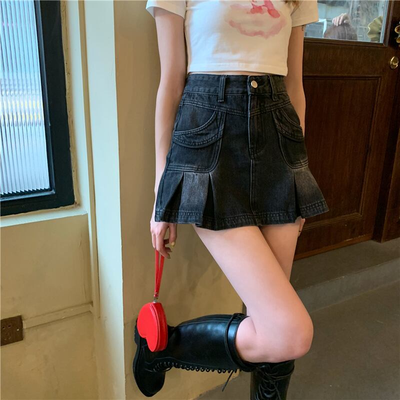 ブラックデニムスカート女性夏ハイウエスト細いAラインプリーツスカート2020新しいセクシーバッグヒップスカート ブラックストロベリース30017931426