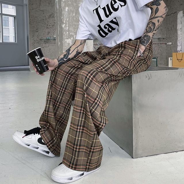 【予約販売】ワイドパンツ メンズ シンプル チェック柄 ワイドレッグ ボトムス きれいめ スタイリッシュ こなれ感 お洒落 韓国 トレンド 夏 秋 M/L/XL