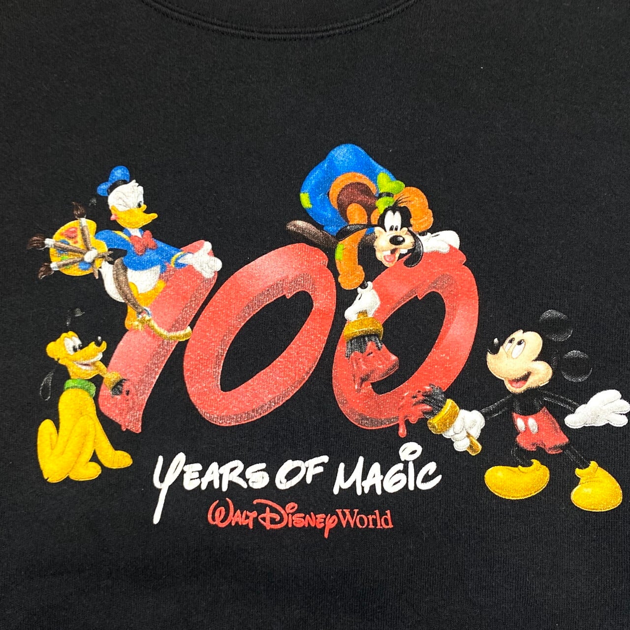 90年代 ビンテージ Walt Disney World 100周年記念 ディズニー MICKEY ミッキーマウス プルオーバー スウェットシャツ  キャラクタースウェット トレーナー ブラック メンズXXL レディース【スウェット】 cave 古着屋【公式】古着通販サイト