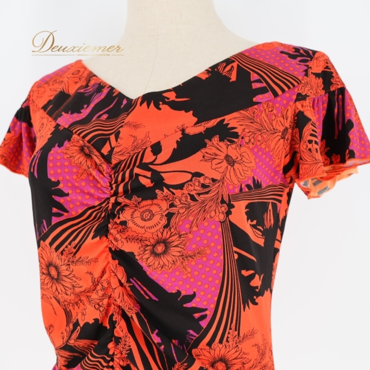 社交ダンス 衣装 トップス ブラウス オレンジ系 チャコットロイヤルダンス Chacott ROYAL DANCE 練習 レッスン 花柄 ドット柄 水玉 半袖 伸縮 ストレッチ 上品 黒 紫 かわいい パーティー ダンス衣装 日本製 ブラック系 パープル系