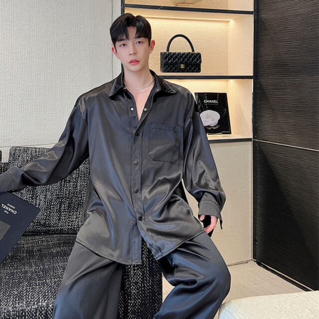 予約販売】メンズ セットアップ 上下 パンツ 長袖シャツ サテン 無地