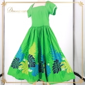 フラダンス 衣装 ワンピース ドレス グリーン系 パンドール 日本製 モンステラ柄 ハワイアンプリント Paondor アロハ レッスン 練習 フラ ダンス 半袖 スクエアネック ブルー系 黄緑 緑 水色 ブラック系 黒 華やか 鮮やか かわいい おしゃれ ふんわり パーティー トロピカル 夏物 おしゃれ着 カジュアル 女性用 ファッション 清涼感 軽やか