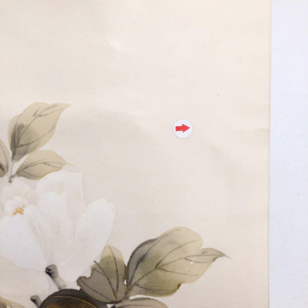 名古屋帯 塩瀬 手描き 印象的な赤い花柄 乳白色 O-2110 | リユース着物わびさび