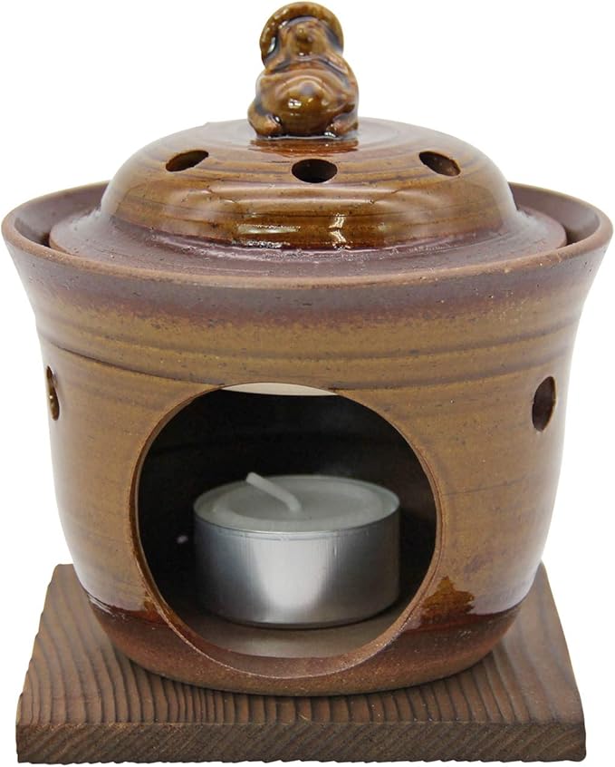 佐治陶器,萬古焼 茶香炉 10.2cm (キャンドル・敷台付) 狸 アメ釉 日本