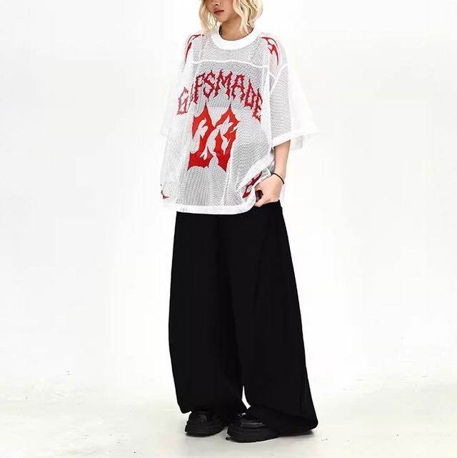 スポーツミックスゴシックレタリングナンバリングルーズフォルムTシャツ 2col   R02131