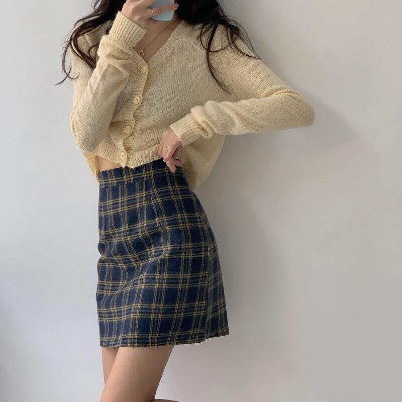 格子柄スカート スプリングスタンダードショートハイウェストウェスト薄手Aライン レトロ 春物 萌量不足66391542021