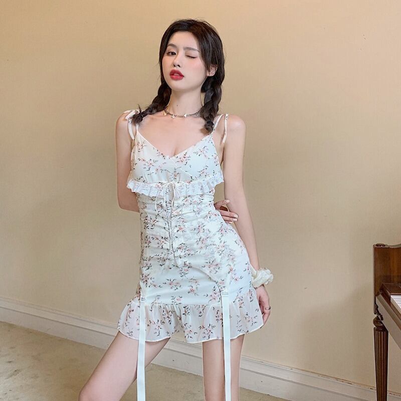 スカート スプリングサマースタイルVネックスリムフローラルドレス 大人ガーリー スウィート キュート カジュアル 春物 夏物 花柄 YY-ファッション35507022442