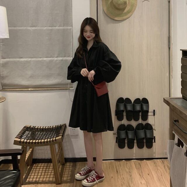 送料無料】シャツワンピース 膝丈 ボリューム袖 ギャザー フレア A