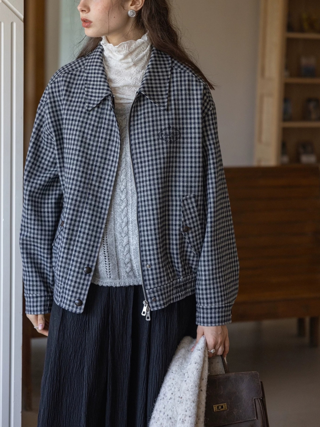 Grisaille Emblem Check Zip Jacket F0852