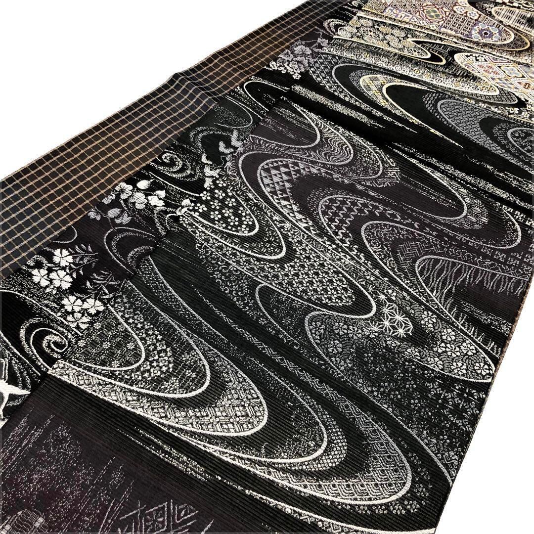 O-2650 夏帯 袋帯 絽 流水に花模様 リバーシブル 黒色 ガード加工 | リユース着物専門店 わびさび
