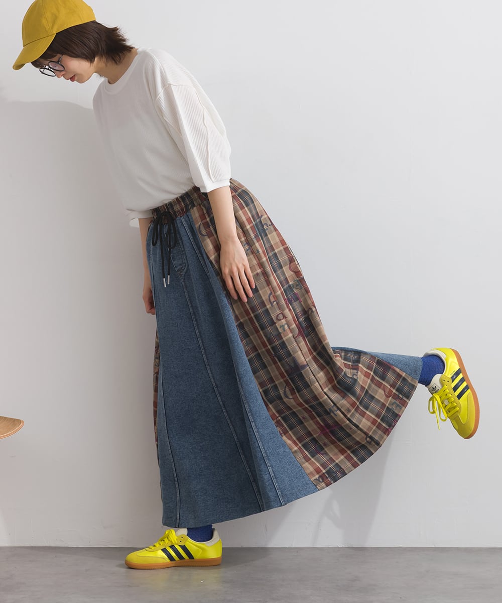 D54044 【体型カバーデニムシリーズ】 デニム×チェック切替スカート