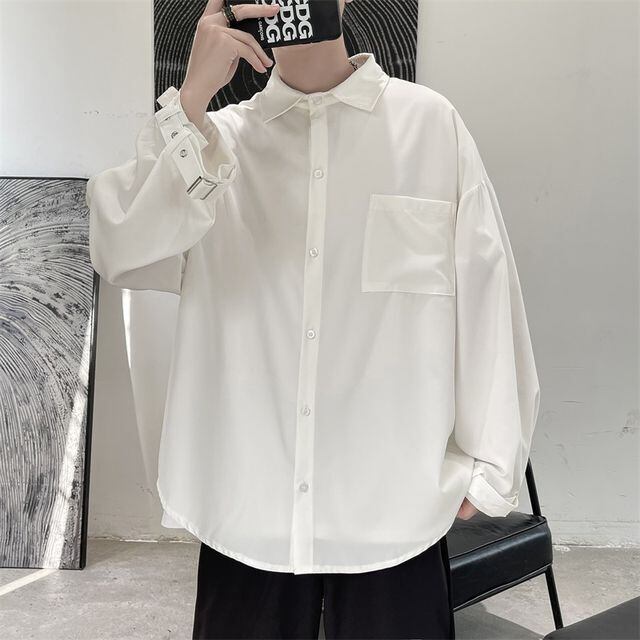 【予約販売】シャツ 長袖 メンズ オーバーサイズ 無地 ベルト ブラック ホワイト モノトーン カジュアル シンプル こなれ感 お洒落 韓国 トレンド 春 夏 秋 M/L/XL/2XL