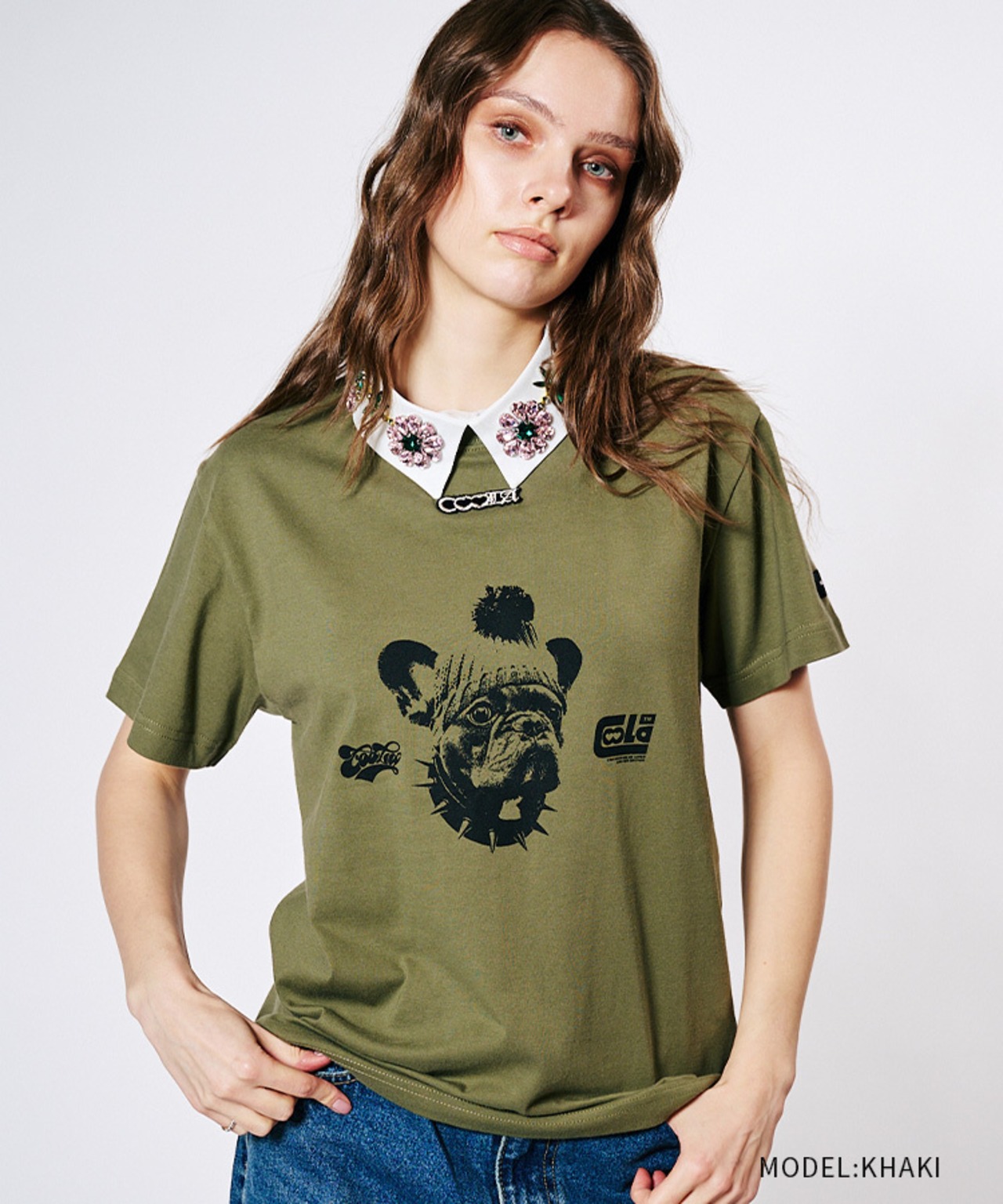 COOLAブルドッグプリントベーシックTシャツ (KHAKI)　CQ-49004
