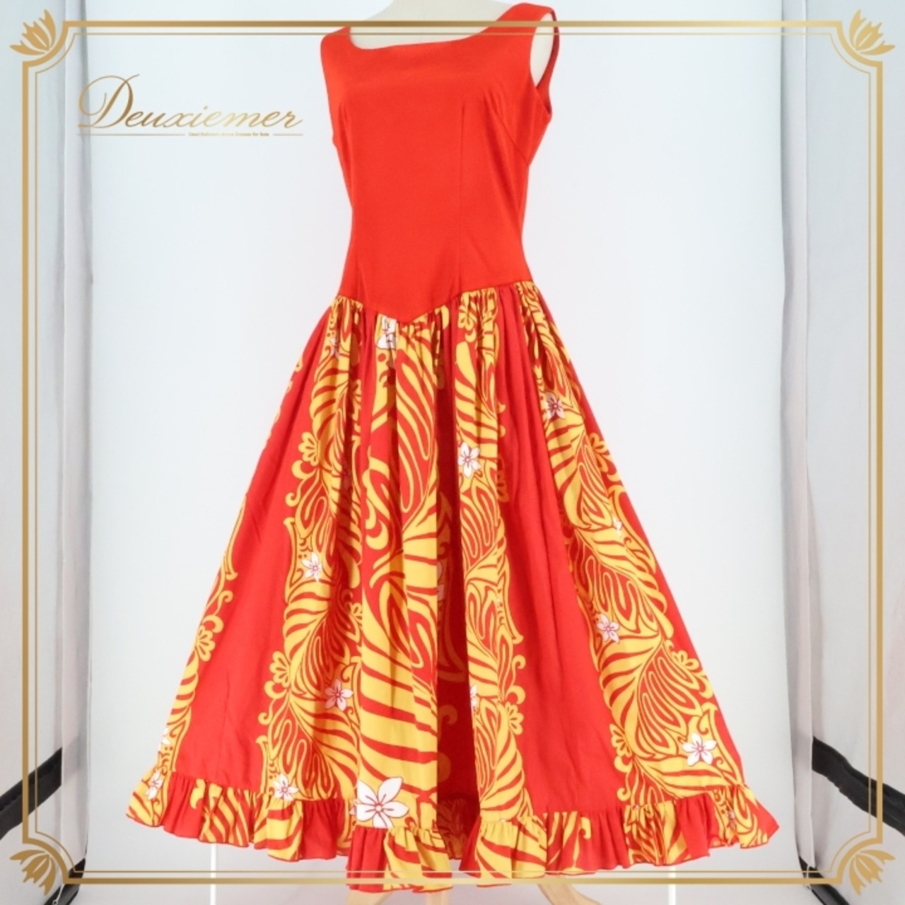 フラダンス 衣装 ワンピース ドレス PINTUCK レッド系 ベロア ノースリーブ 異素材 フリル プルメリア柄 ラウアエ柄 かわいい 華やか 鮮やか 明るい 赤 黄 白 ハワイアン アロハ ハワイアンプリント フラ ダンス レッスン 練習 イベント