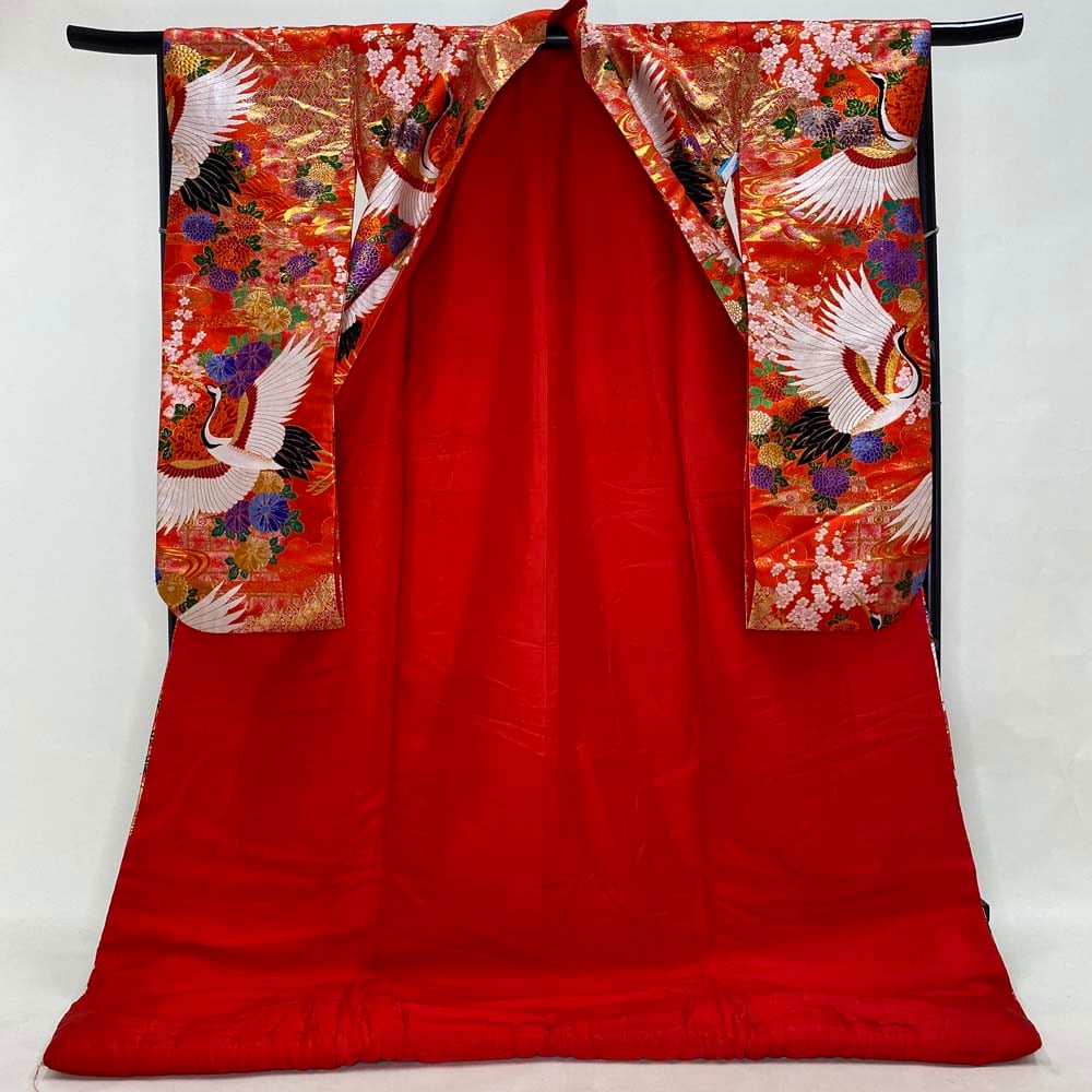 色打掛 正絹 鶴 刺繍 赤 金 打掛 花嫁衣裳 婚礼 リサイクル 中古