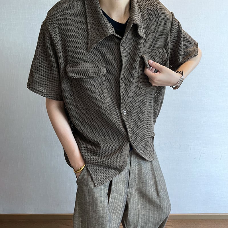 dannyandzeeメッシュ加工ポケット付き開襟シャツ