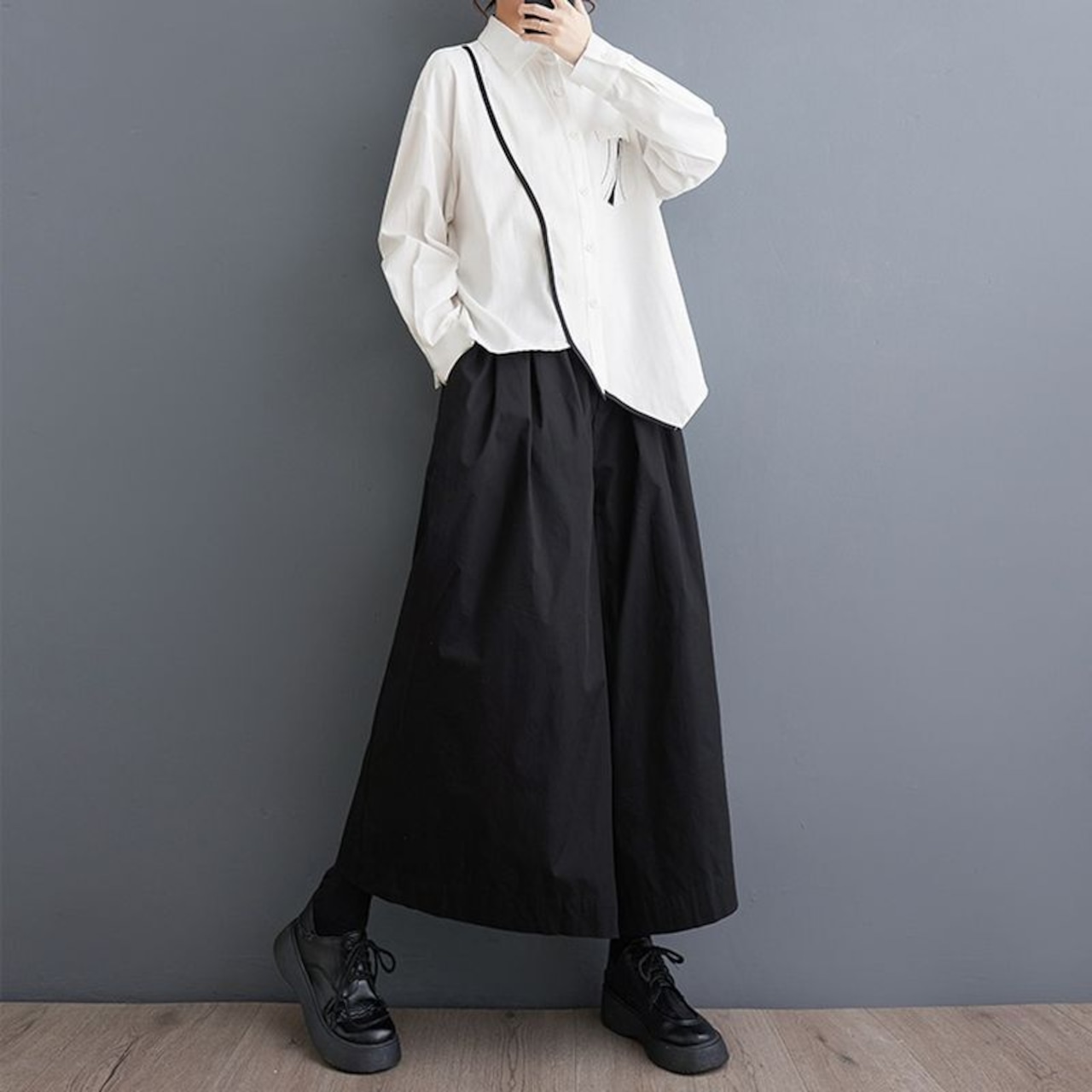 バイカラー アシメトリーヘム シャツ 00089