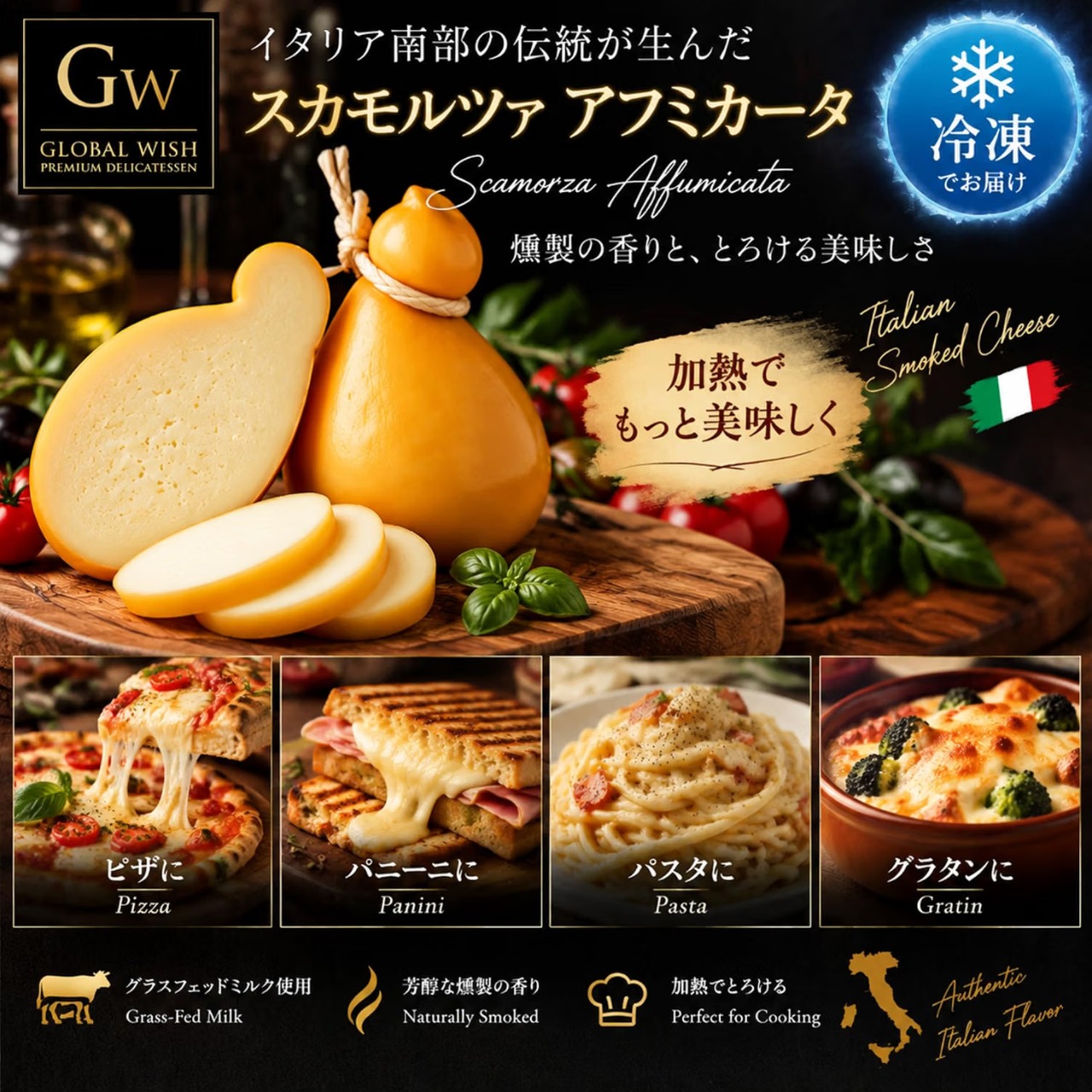 イタリア産 グラスフェッド スカモルツァ アフミカータ 250g|冷凍・燻製モッツァレラチーズ|加熱でとろける|ピザ・グリル・パスタに|Scamorza Affumicata Smoked Cheese