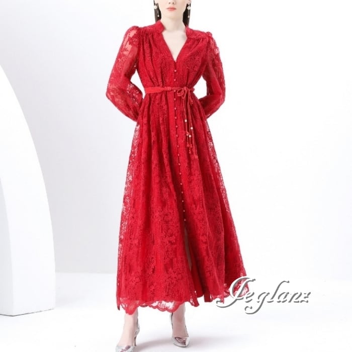 5色 レース 刺繍 ワンピース ボタン 共ベルト ファンシー(MB324)ε