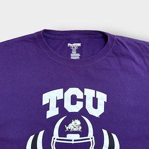 【PROEDGE】TCU カレッジ ロゴ プリントTシャツ テキサスクリスチャン大学 Horned Frogs football フットボール パープル L 半袖 us古着