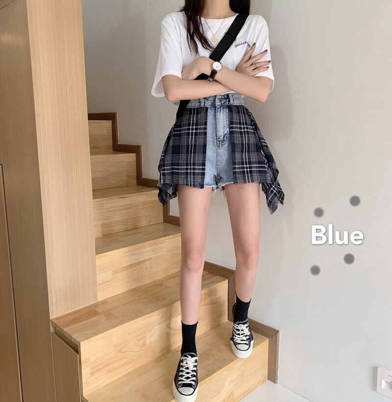 送料無料 こだわりデザイン 古着風 カジュアル チェックシャツ ドッキング デニム ショートパンツ Lamitte Deco トレンド 韓国ファッション ショップ Base店