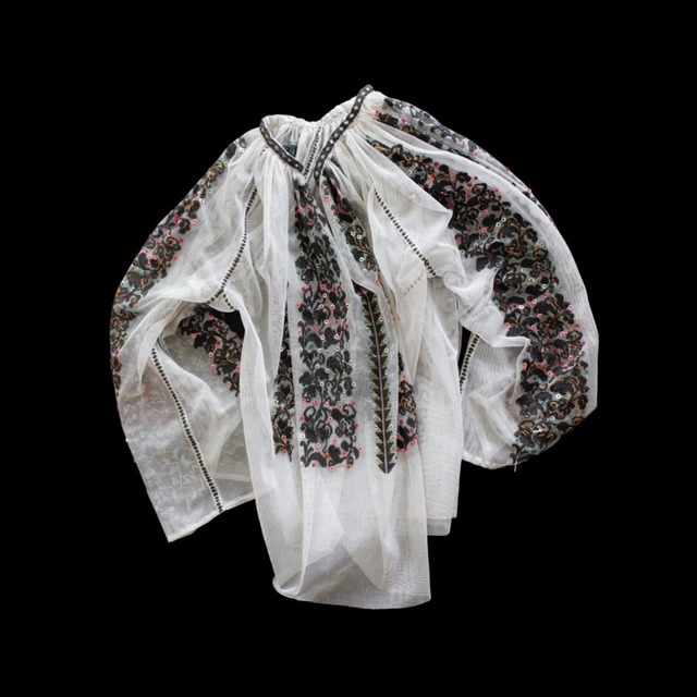 1960-70s Romanian Embroidery and Beads-work Tulle Smog Blouse