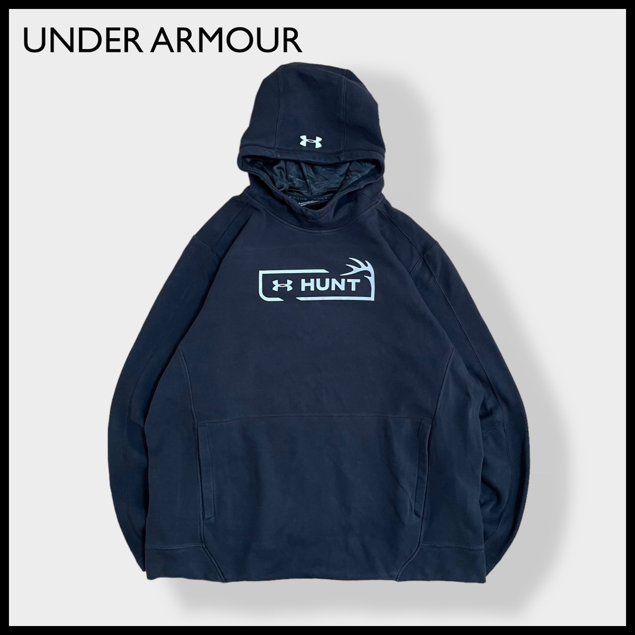 【UNDER ARMOUR】2XL ビッグシルエット パーカー HUNT ロゴ プリント スウェット フーディー hoodie プルオーバー アンダーアーマー フードロゴ us古着