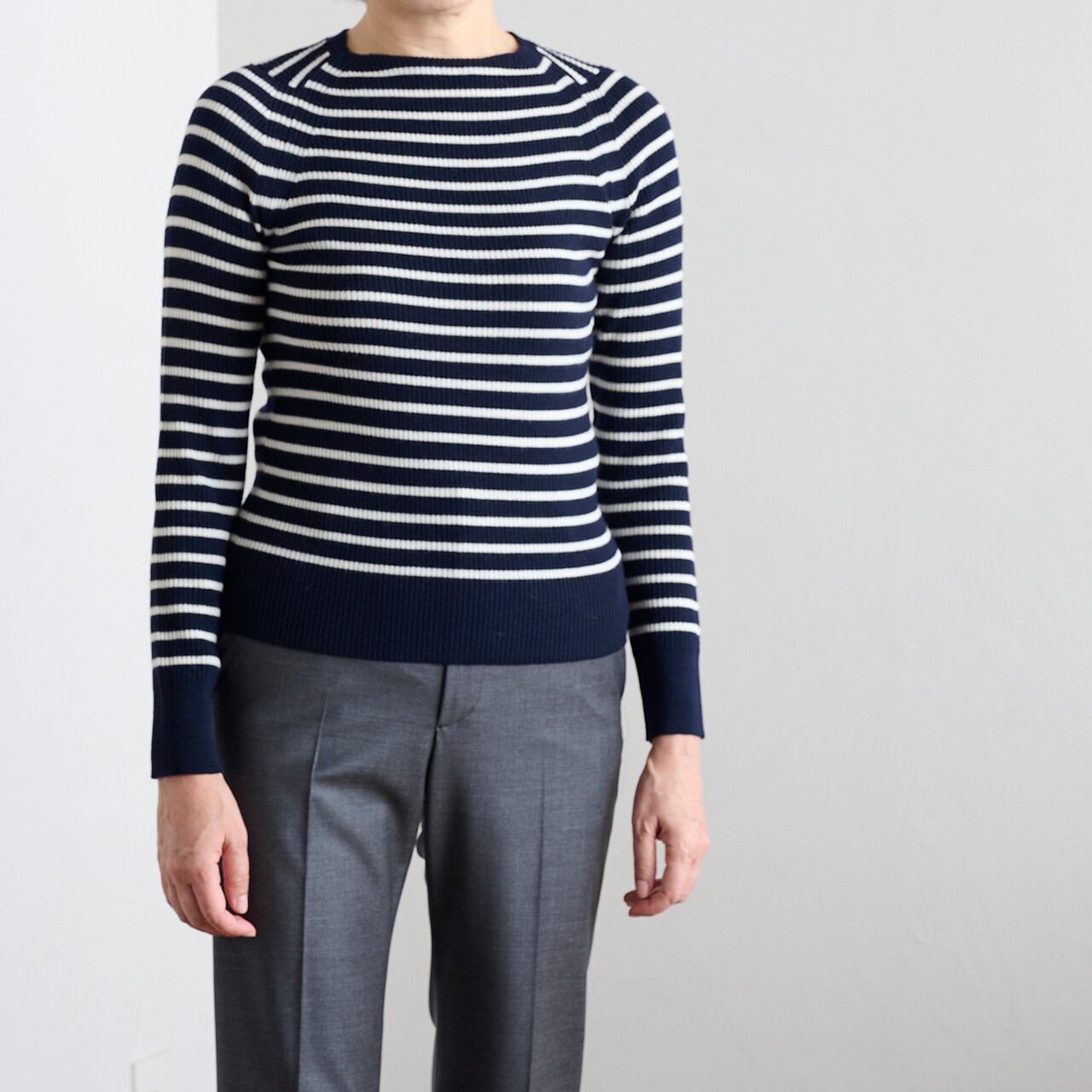 SLOANE スローン 14Gリブ メリノウール ボーダーラウンドネック SL7W-334 ネイビーXアイボリー/サイズ2