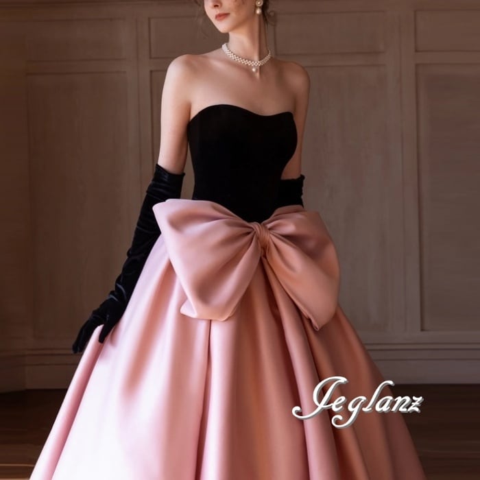 3色 ウエディング カラードレス 配色 ベアトップ ビックリボン 背中見せ ♪(M7727)π