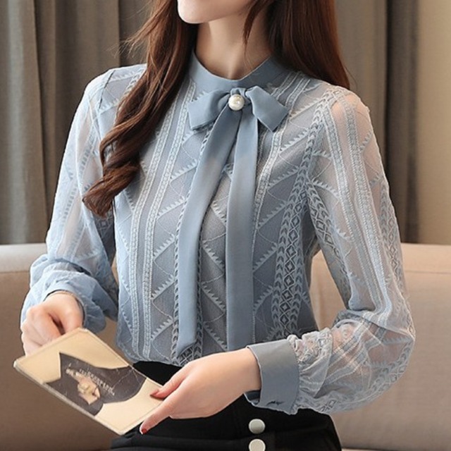 Chest tie elegant sleeve mesh chiffon shirt ( 2color )