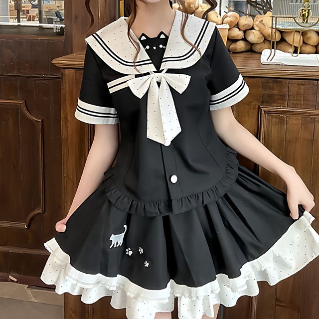 ねこモチーフセーラー襟セットアップ