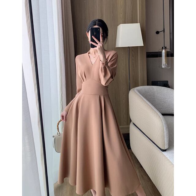 ワンピース レディース ワンピースドレス 長袖 ひざ下丈 フレア 上品 V