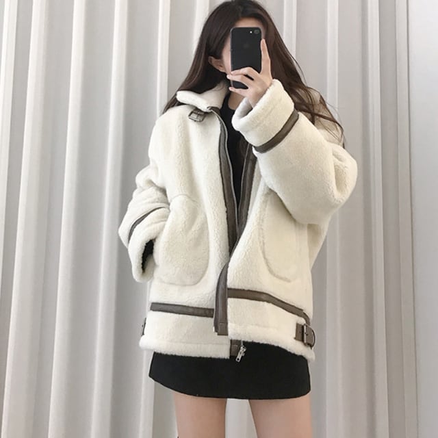 【予約販売】ジャケット ボア コート 秋冬 レディース バイカラー パイピング フロントオープン ミドル丈 アウター トップス S,M,L 長袖 ゆったり ルーズ シンプル 無地 ボリューム ハイネック ホワイト/ブラック