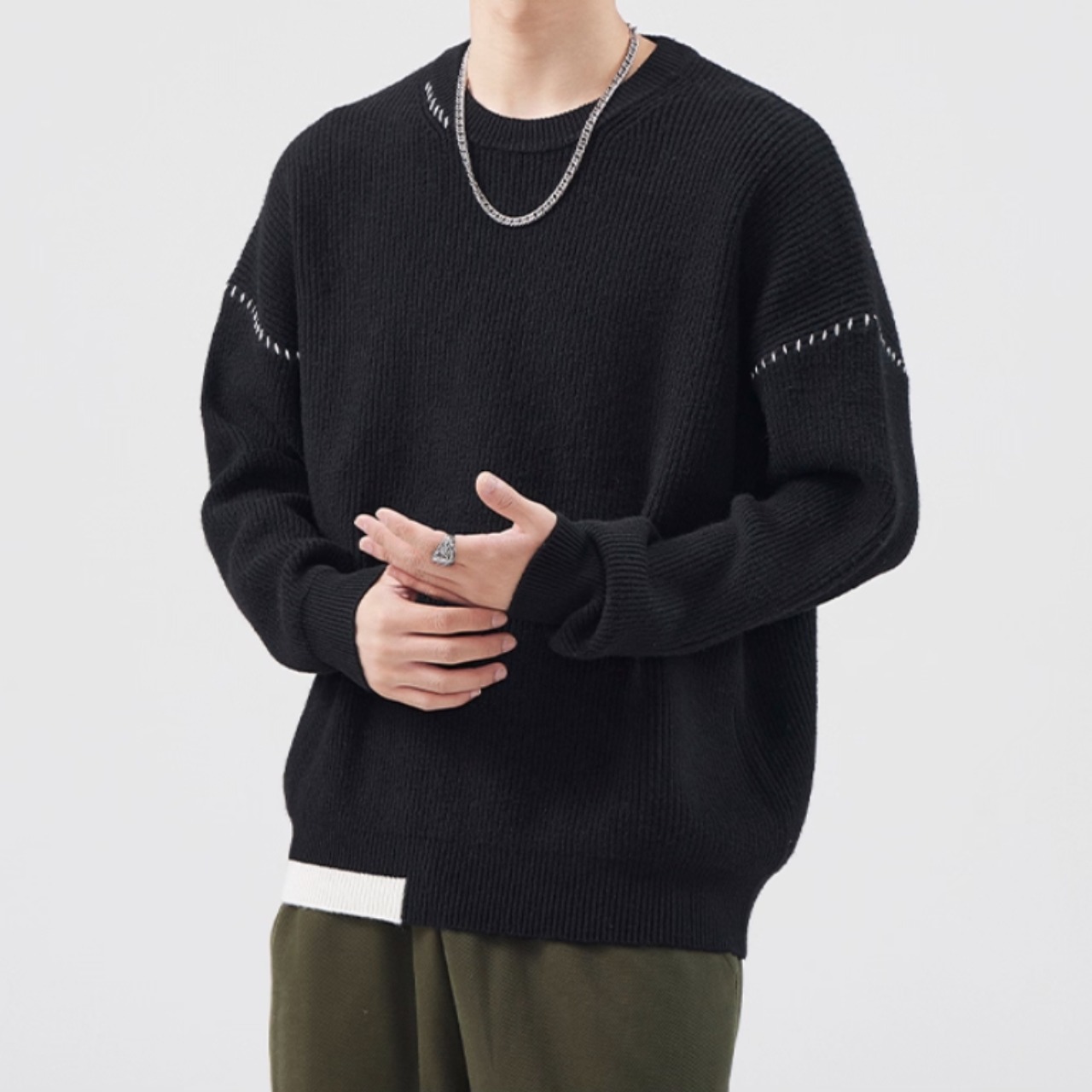 クルーネック コントラストステッチニット af0125