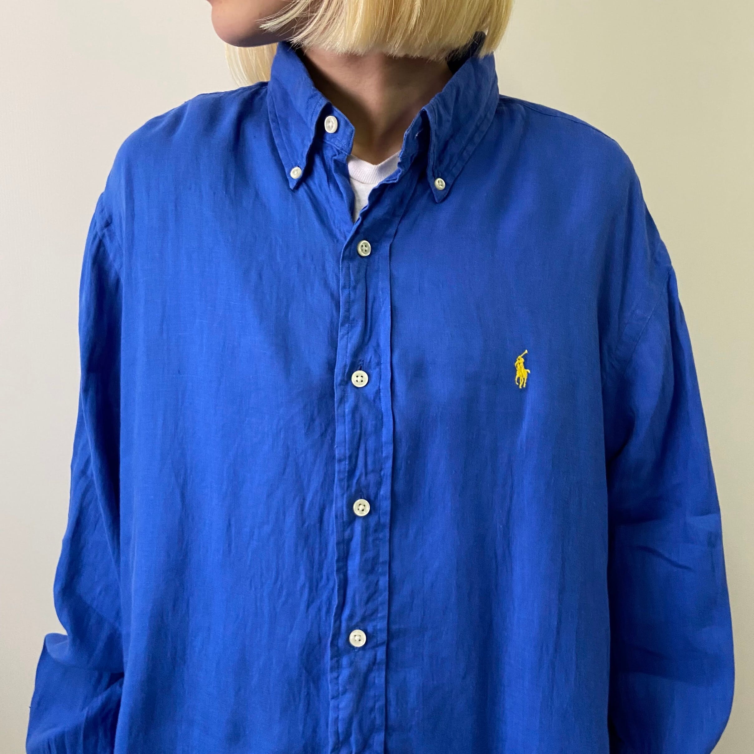 ラルフローレン 麻100% ボタンダウン 長袖シャツ S ブルー 青 Ralph Lauren ラルフローレン CLASSIC FIT 長袖 ボタンダウン
