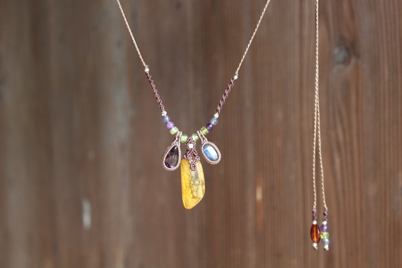 Amber & Trapiche amethyst & kyanite micro macrame necklace