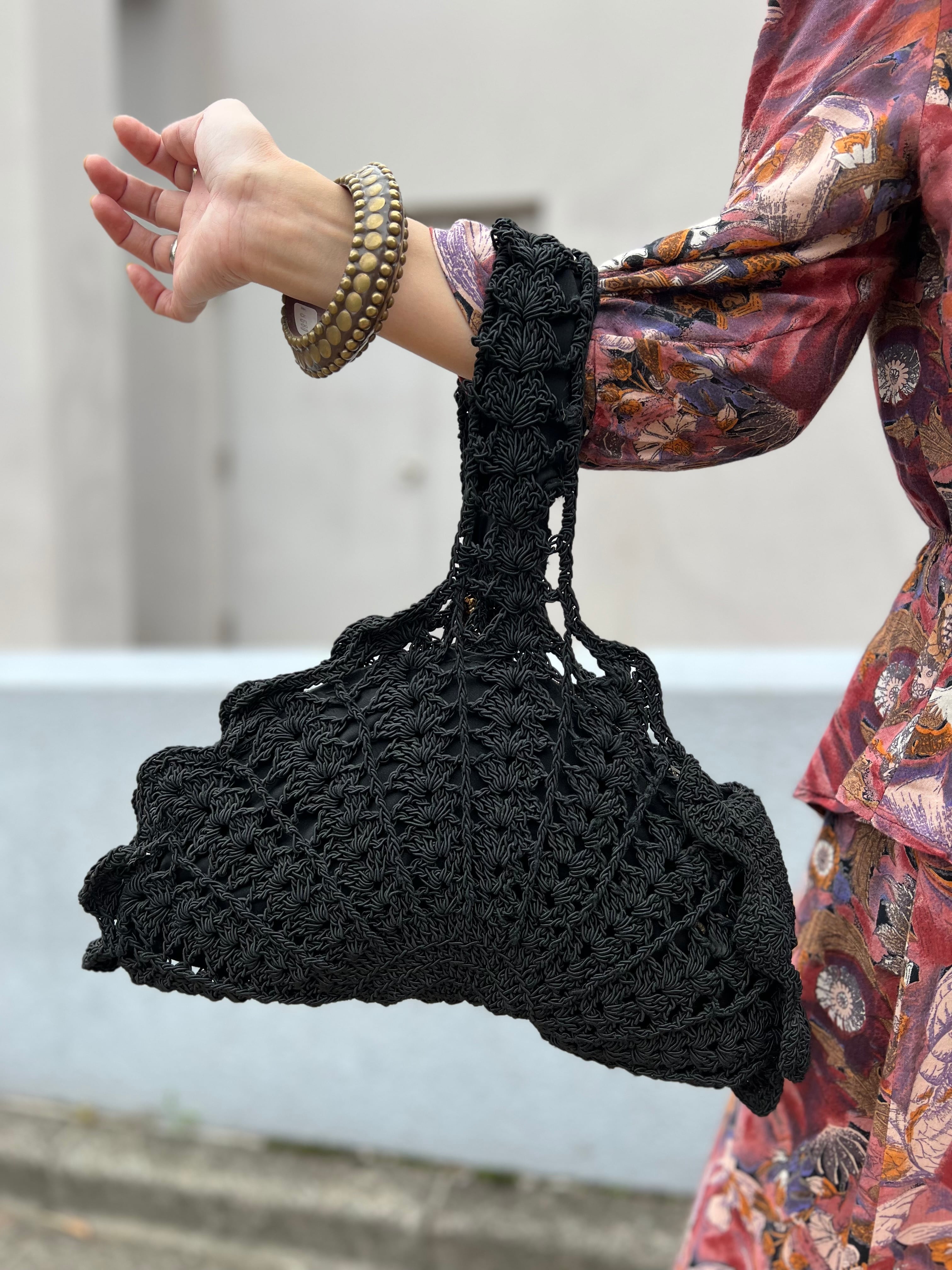 40s-50s handmade crochet simple bag ( ヴィンテージ ブラック