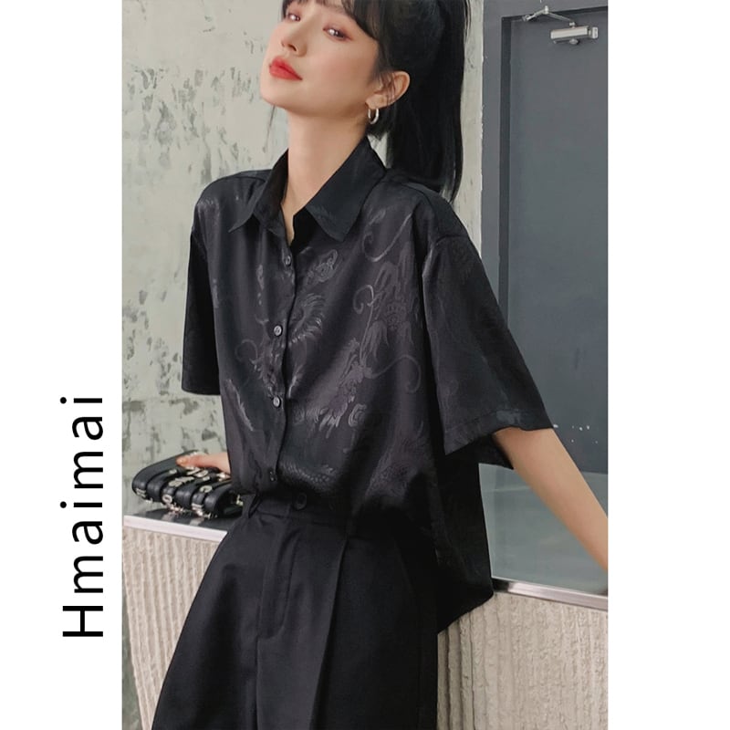 大人気商品 Hmaimaiシリーズ チャイナ風トップス シャツ 龍紋 黒 黒い 原宿風 かっこいい ゆったり 着痩せ S M L Elegant