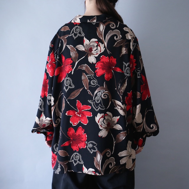 beautiful flower art pattern loose box silhouette open collar shirt