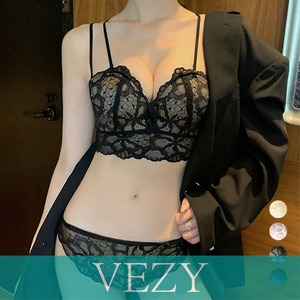 花柄刺しゅうレースランジェリー セクシー ブラジャーショーツ上下セット 盛れる 谷間 背中見せ ワイヤレスブラ 可愛い 韓国風  美胸 透け透け ショーツ お泊り 下着 アンダーウェア VEZY ベジー  ItemNo.【17736014】