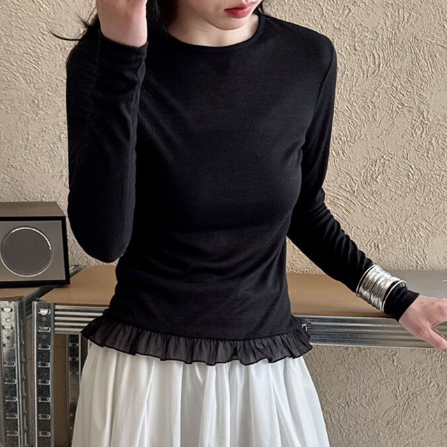 【2 colors】Sheer Lace Trim Long Sleeve [26010062]