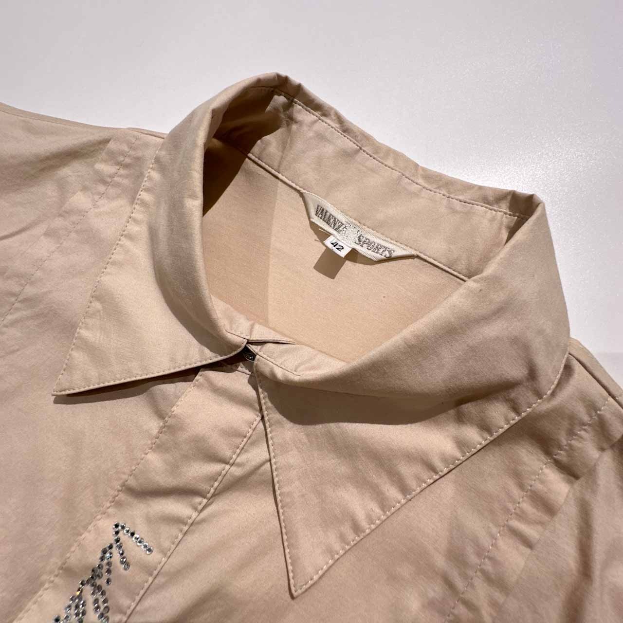 VALENZA SPORTS バレンザポー ラインストーン 五分袖 シャツ ストレッチ サイズ 42 /半袖/レディース/ベージュ/日本製